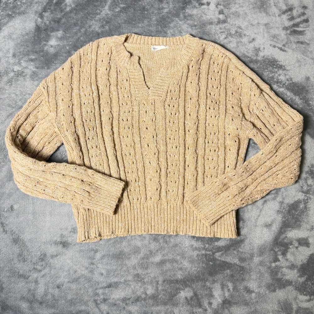 Women‎ SZ Medium Tan Marl Cable Knit Notched V-Neck Crop Pullover Sweater